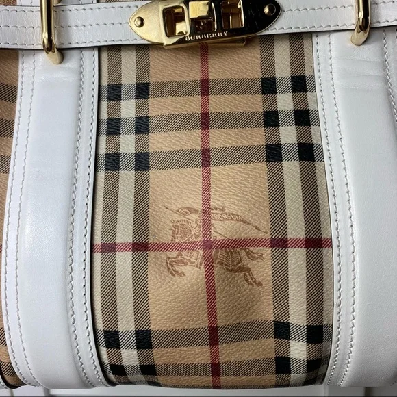 VTG Burberry Minford Satchel Haymarket Coated Canvas White Leather Gold Hardware - Picture 7 of 16